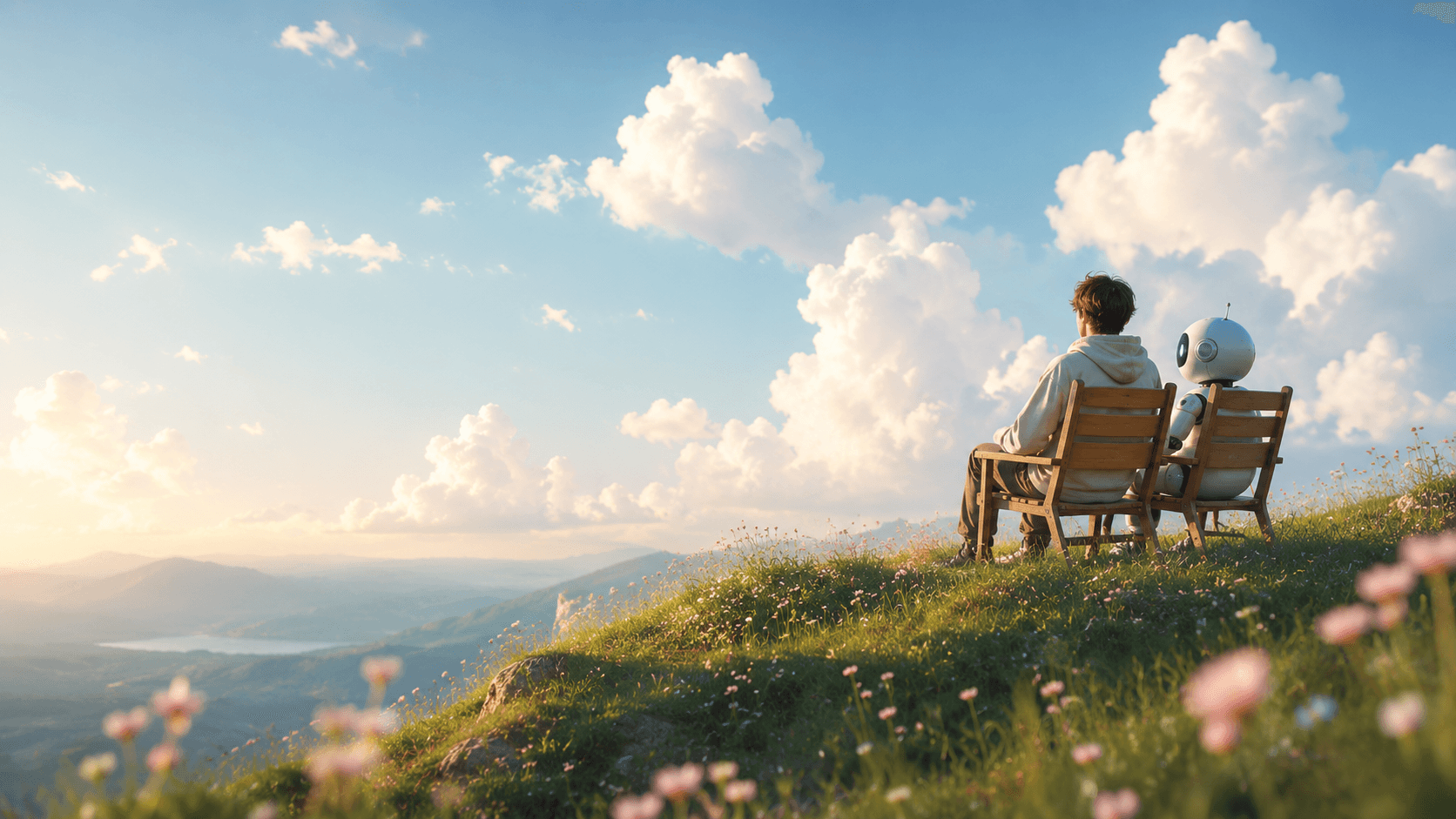 A person and a small robot sitting together on a bench, looking out over a sunlit valley.