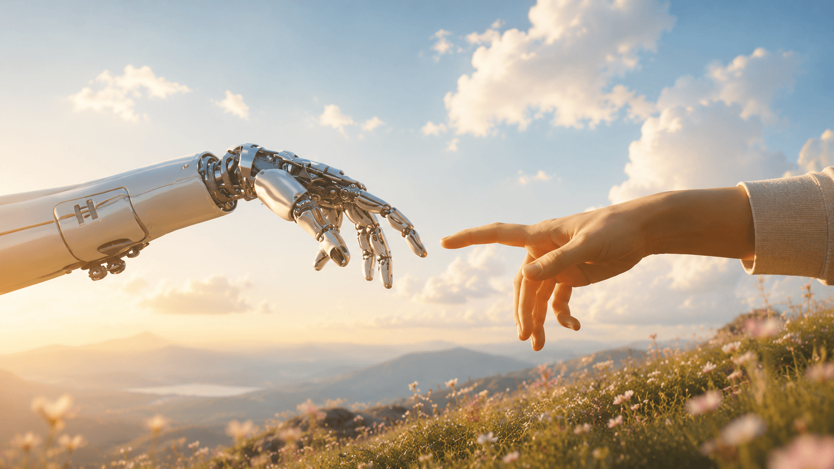 A robotic hand and a human hand reaching toward each other over a sunlit landscape.